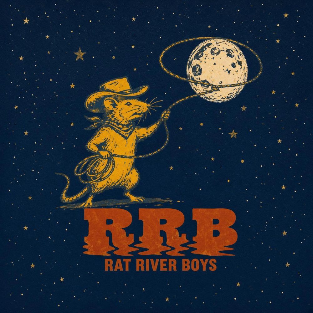 A cowboy rat in a bandana lassoing the moon under a starry sky, over the RRB Rat River Boys logo